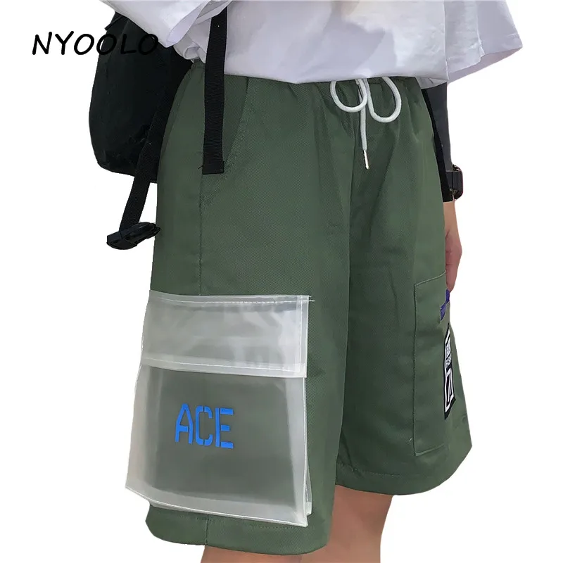 

NYOOLO Vintage Streetwear Summer Transparent Pocket patchwork pants Casual elastic waist hip hop knee length Pants women/men