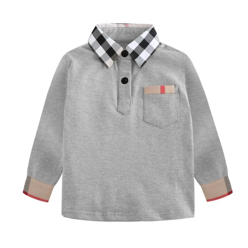 

Bongawan Boys Full Cotton T-Shirts Turn-down Collar Pocket Gray Striped Causal Stryle 3-8 Years Kid Clothing For Boys