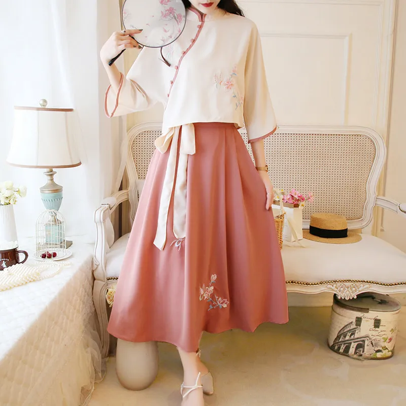 Цветочной вышивкой китайский Hanfu одежда супер фея из двух частей Улучшенный