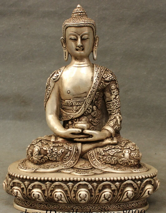 

$old craft$ 9" Tibet Silver Buddhism Temple Shakyamuni Robe Sakyamuni Buddha Bowl Statue (A0314)