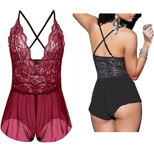 

Sexy lace crotchless lingerie floral nightwear sleepwear one piece plus size