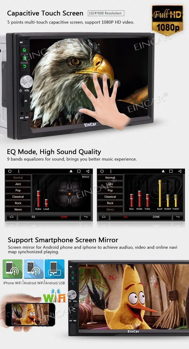 Perfect 2 DIN Android 7.1 Autoradio Eincar HD 1080P Touchscreen Quad Core 2GB RAM Navigation GPS Radio AM FM Bluetooth Screen Mirroring 4