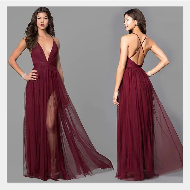 

Sexy Burgundy Bridesmaid Dresses A Line Deep V Neck Spaghetti Straps Cross Back Long Formal Party Gowns With Split Vestidos 2019