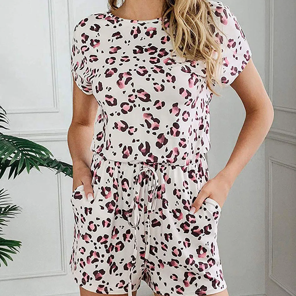 

Summer Rompers Playsuit Women Mono Corto Mujer Short Sleeve O-Neck Printing Lace Up Playsuit Shorts Jumpsuit Barboteuse Femme