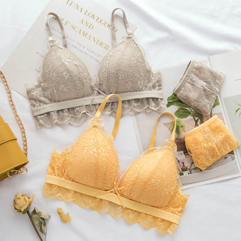 

Wasteheart Spring Women Fashion Yellow Padded Bra Sets Lace Bow Bralette Panties Wireless Underwear Sexy Lingerie Sets A B