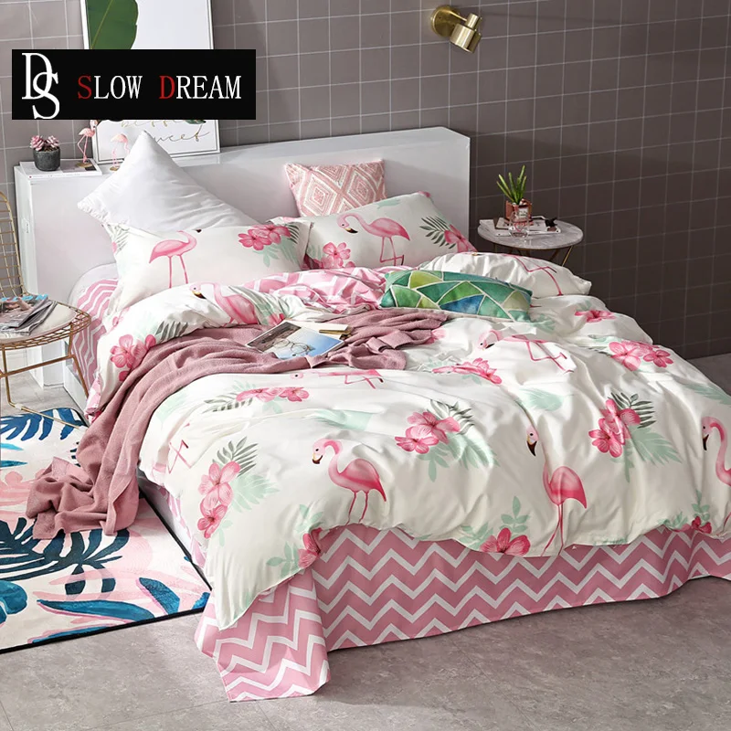 

SLOWDREAM Flamingos Bedding Set Double Linens Flat Sheets Nordic Bedspread Duvet Cover Comforter Adult Queen King Bed Linen Set