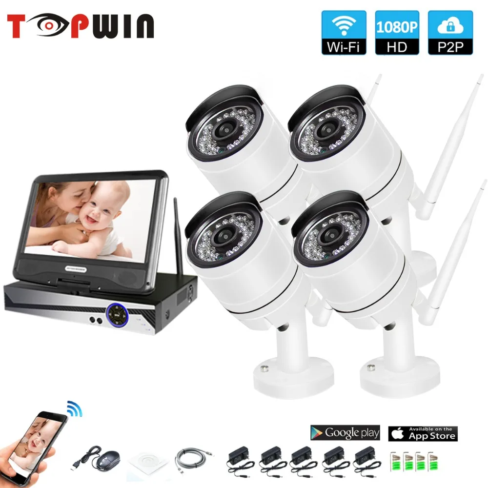 

Wireless Surveillance System Network 10.1" LCD Monitor NVR Recorder Wifi Kit 4CH 1080P HD Video Inputs Security Camera