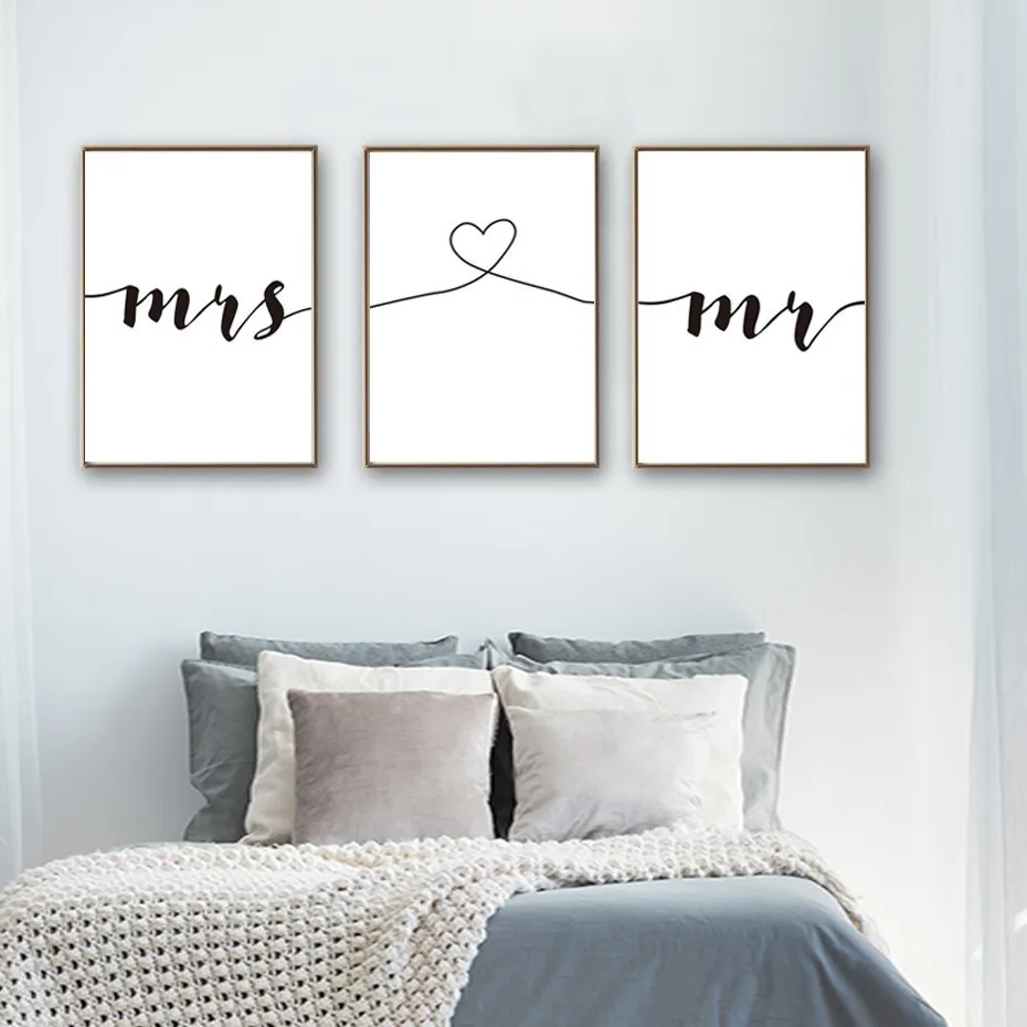 

SURE LIFE Nordic Modern Minimalist Mr. Love Mrs. Canvas Paintings Poster Print Weding Gift Decorative Bedroom Wall Art Pictures