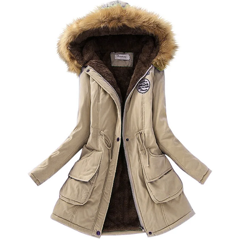 Зимняя женская куртка с воротником из искусственного меха, женские пальто, длинная пуховая парка, женские толстовки, парки, теплые Классические Куртки, размер S-XXXL - Цвет: Khaki