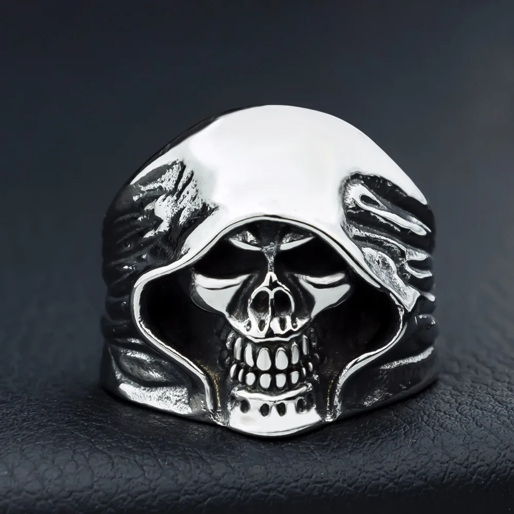 

QMHJE Punk Rock Hip Hop Skull Grim Reaper Titanium Stainless Steel Men Ring Vintage Jewelry Male Biker Band Lucky Wedding DAR248