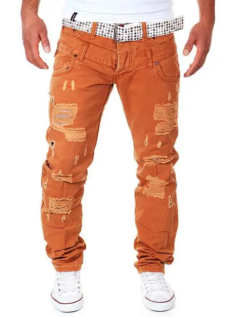 Мужские повседневные брюки, весна, новые длинные брюки, облегающие прямые брюки с дырками, мужские брюки размера плюс 36, черный, хаки, синий - Цвет: Оранжевый