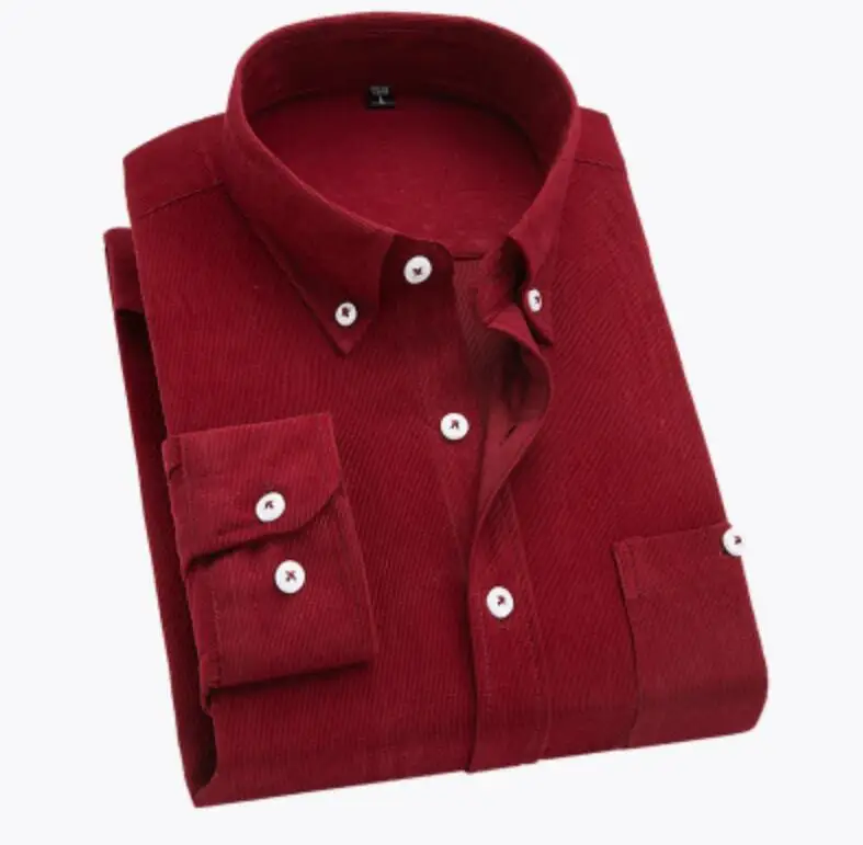 Новые повседневные модные мужские рубашки на весну и осень, вельветовые рубашки, Мягкие Рубашки с длинным рукавом, мужские повседневные облегающие рубашки большого размера, M-5XL - Цвет: Wine red
