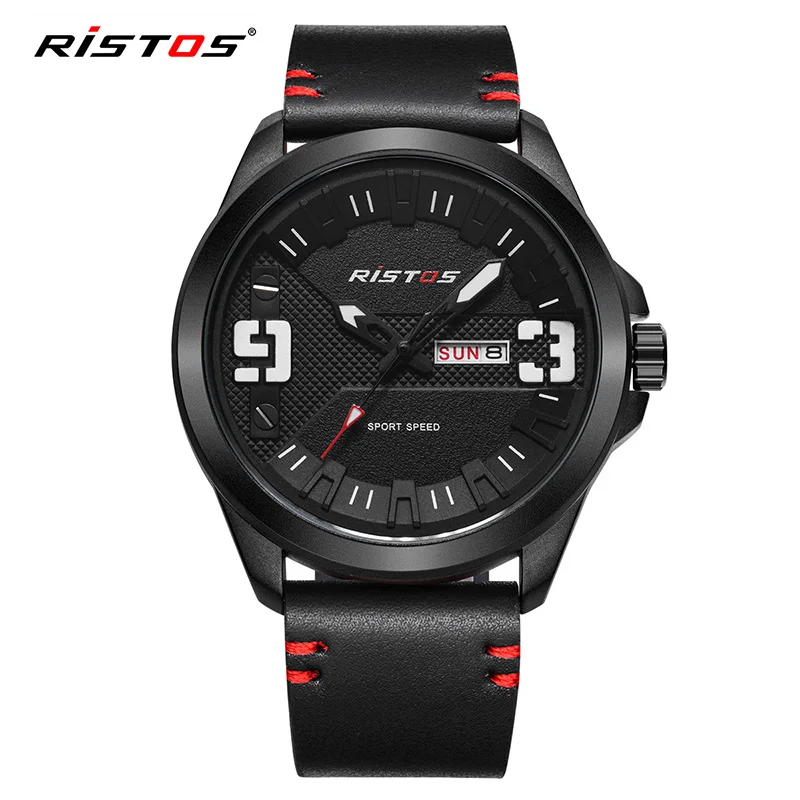 

RISTOS Casual Men Quartz Analog Watch Leather Watches Reloj Masculino Hombre Fashion Sport Watches Luminous Man Wristwatch 9355