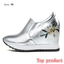 Туфли на танкетке из натуральной кожи обувь без шнуровки Женские туфли-лодочки лоферы на танкетке Повседневное, визуально увеличивающие рост; Туфли на плоской подошве размера плюс; большие размеры 33-40