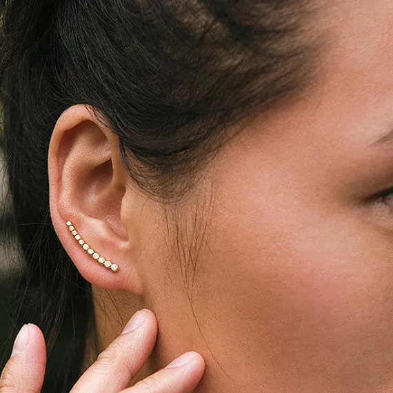 

925 sterling silver bezel cz long bar climber earring simple minimal fake multi piercing studs