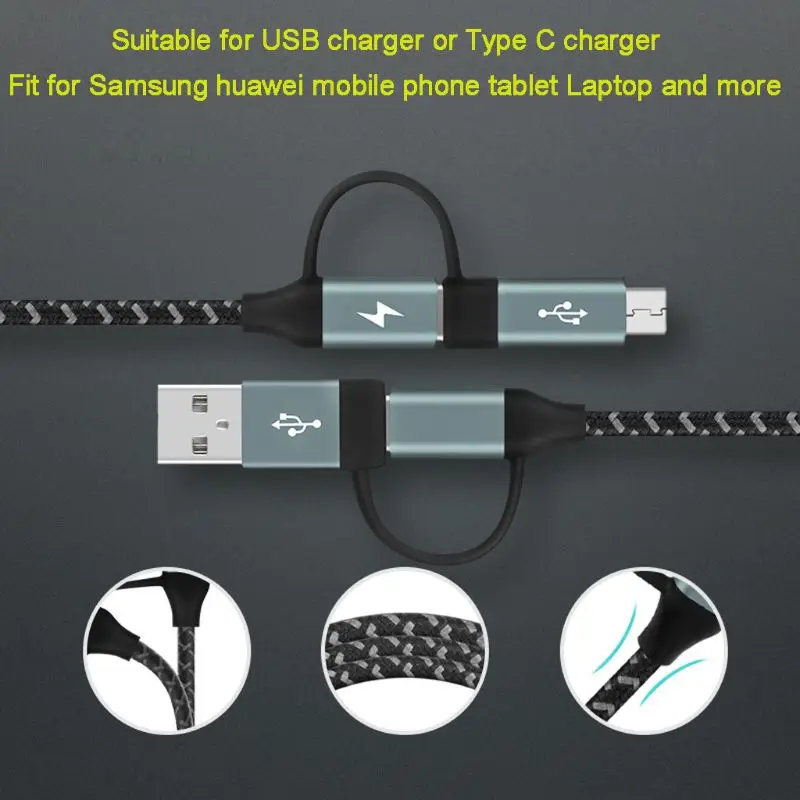 

Nylon Braided 4 in 1 Multiple USB + Type C Fast Charge Adapter Data Cable Cord for All Android Mobile Phones Tablet Laptop