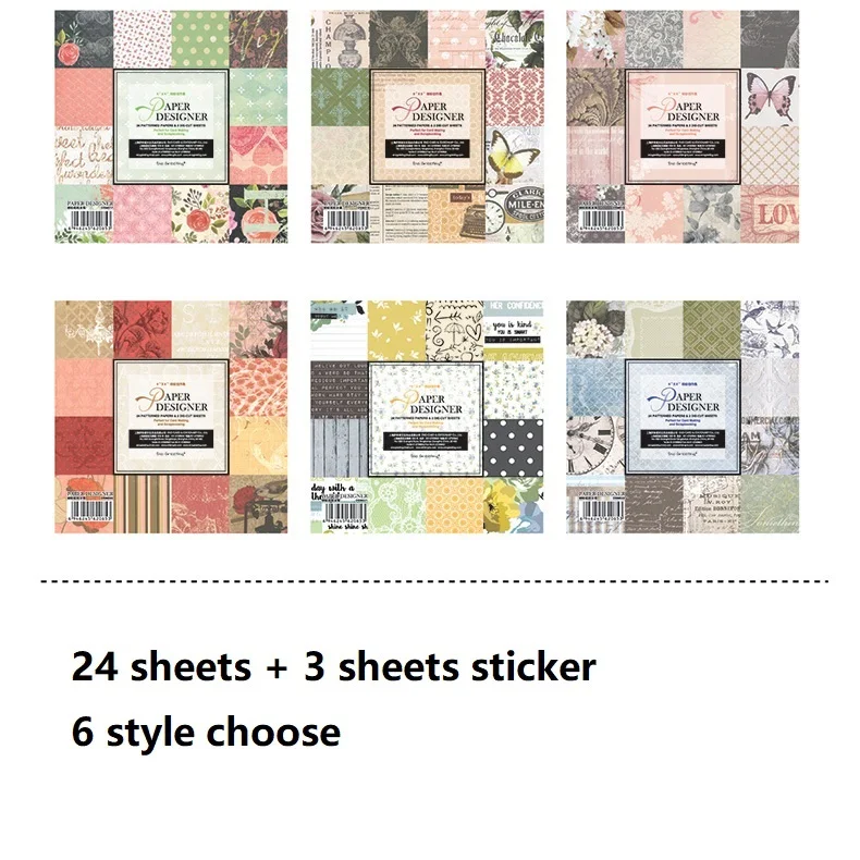 

24sheets 6" DIY retro vintage design gift wrapping paper creative papercraft add sticker handmade scrapbooking kit set book