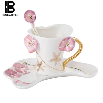 

280ml European Style Coffee Cup Set with Saucer Kit Simple Flower Ceramics Porcelain Mug Creative Afternoon Tea Milk Water Cups