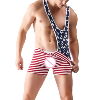 

New American Flag Wrestling Singlets For Men Sexy Bodysuit Suspender Wrestling Singlet Stretch Underwear Body Suit