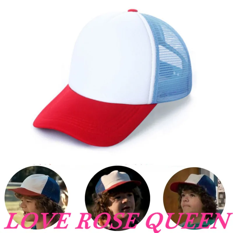 

Stranger Things Drama Dustin Cosplay Snapback Caps Baseball Mesh Net Trucker Hat adjustable for Kids & Adult Light Baby Blue