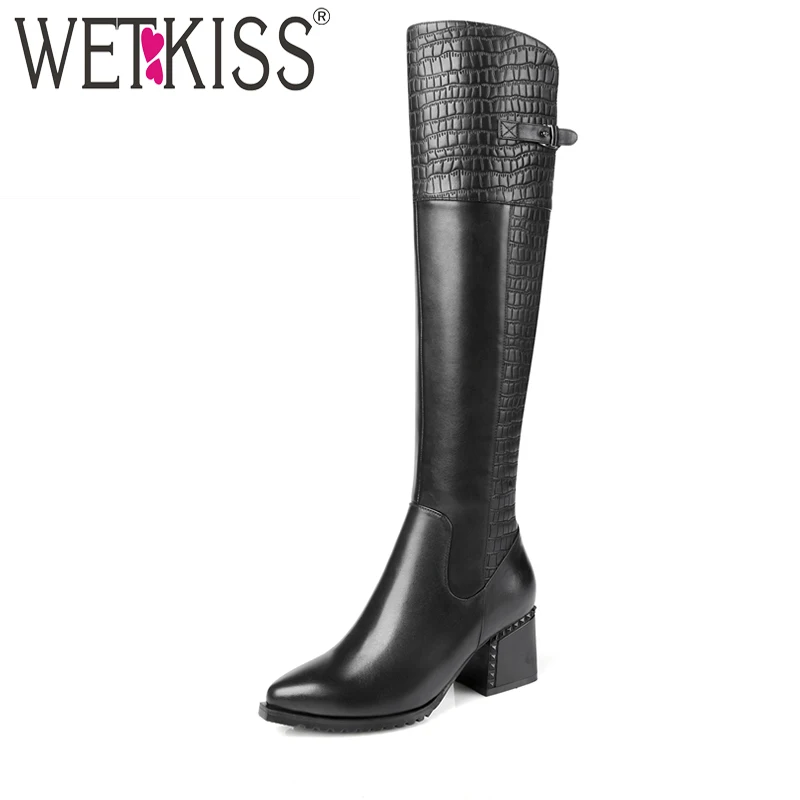 Beste WETKISS Fashion Designers Reli euml;f PU Knie Laarzen Hoge Kwaliteit Lederen Winter Laarzen Hoge Hakken Vrouwelijke Schoenen Vrouw Zip
