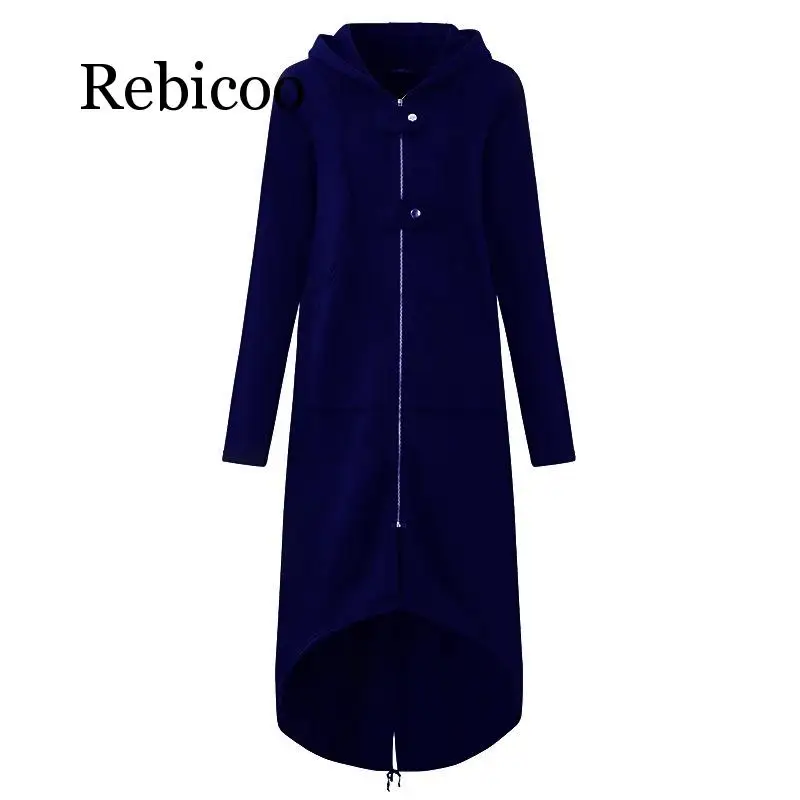 Rebicoo  Fashion Long Sleeve Hooded Trench Coat 2019 Autumn Black Zipper Plus Size 5XL Velvet Long Coat Women Overcoat Clothes