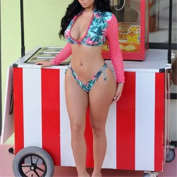 

Bikini Long Sleeve Bikini Set Swimwear 2018 Women Swimsuit Hollow out Monokini Padded Bathing Suit Zipper Sport Beach Swim Suits