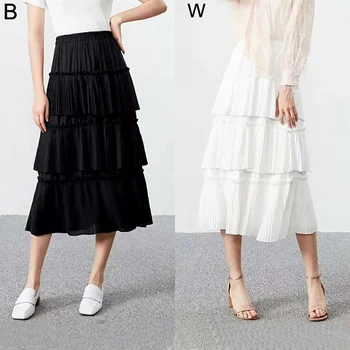 

Casual Fashion Pleated Cake Skirt White Black Solid Color Versatile Skirt