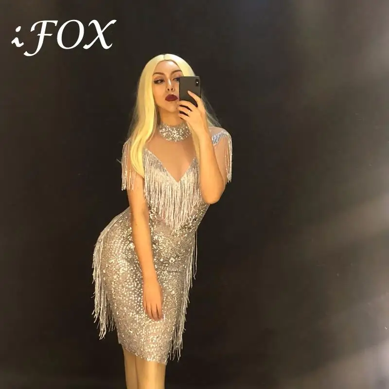 

Women Sexy Mesh See Through Fringes Dress Birthday Celebrate Perspective Dress Evening Party Sleeveless Rhinestone Tassel Dress
