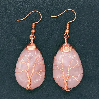 

KFT Rose Gold Color Wire Wrap Tree of Life Natural Healing Crystal Rose Pink Quartz Stone Reiki Drop Dangle Hook Earring Jewelry