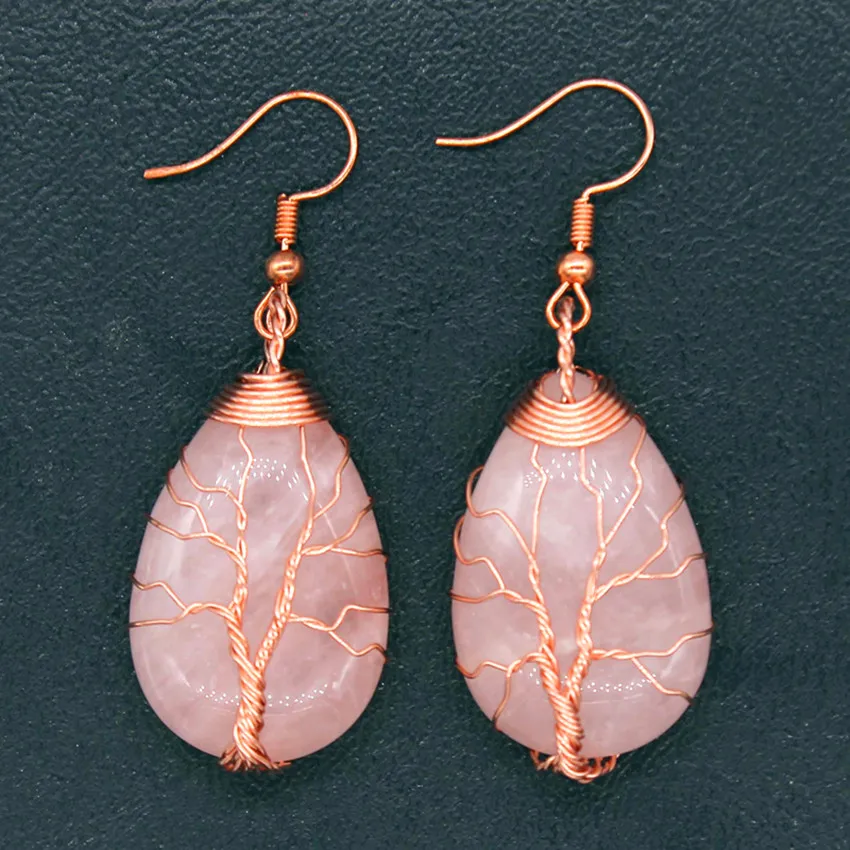 

Kraft-beads Rose Gold Color Wire Wrap Water Drop Natural Rose Pink Quartz Earrings Tree of Life Jewelry