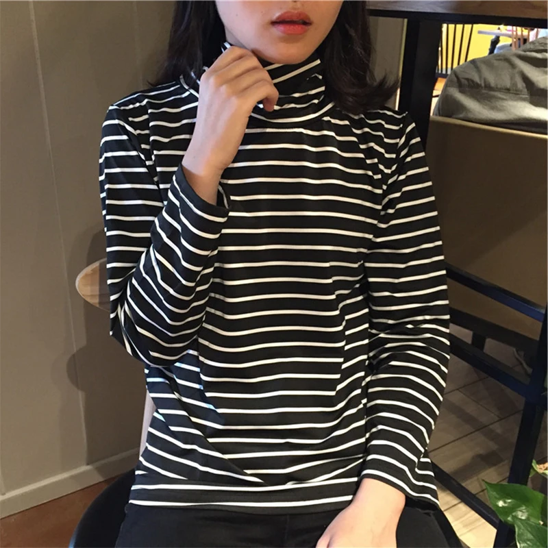 

ZSIIBO 2019 new fashion female striped turtleneck backing size hip hop long sleeved T-shirt Harajuku autumn tide