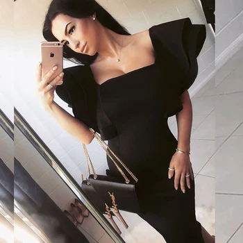 

2019 New Arrival Ruffles Black Flare Sleeve bandage Dress Elegant Celebrity Summer Solid Vestidos Party Club Backless Verano