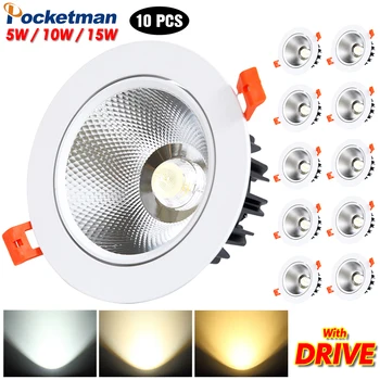 

10PCS/Lots High-end White Black LED COB Spotlight Ceiling lamp AC85-265V 15W Aluminum recessed downlights round led panel light