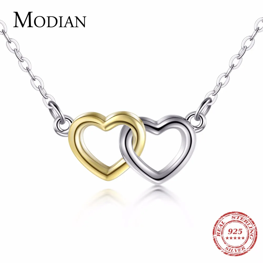 

Modian Top Quality Solid 925 Sterling Silver Double Hearts Pendant Necklace Gold & White Color Chain Women Wedding Jewelry Gift