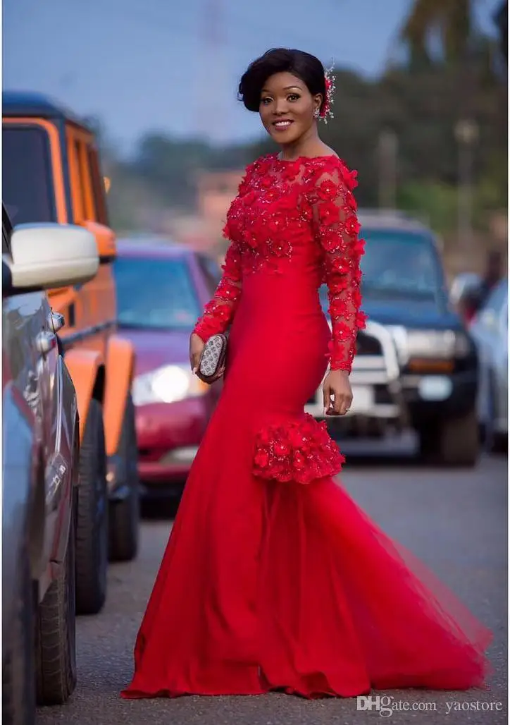African America Engage Dress 3D Flowers Red Prom Gown with Long Sleeves Tulle Mermaid Formal