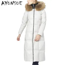 Роскошное пуховое пальто из меха енота, женские зимние куртки и пальто с белым утиным пухом, манто femme, длинная парка с капюшоном, фирменный дизайн, XC021