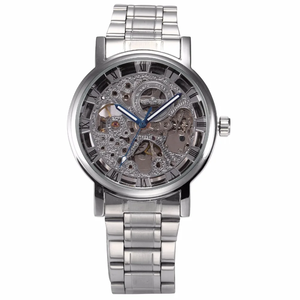 

Luxury Winner Men Silver Skeleton Mechanical Watch Roman Analog Steampunk Stainless Steel Band Hand-winding Wrist Watch /PMW268