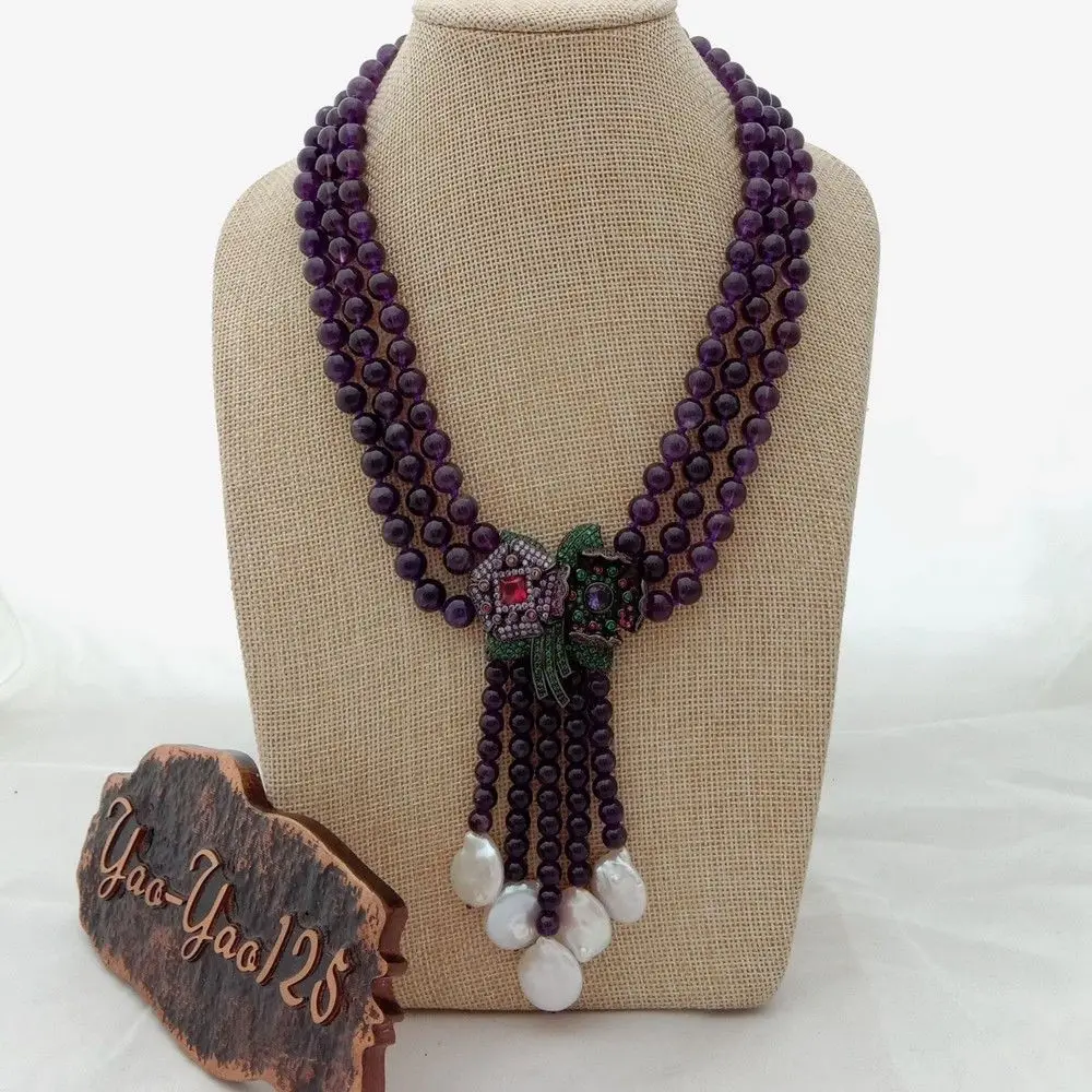 

Women's 18'' 3 Strands Round Purple Stone Necklace White Pearl CZ Pave Pendant