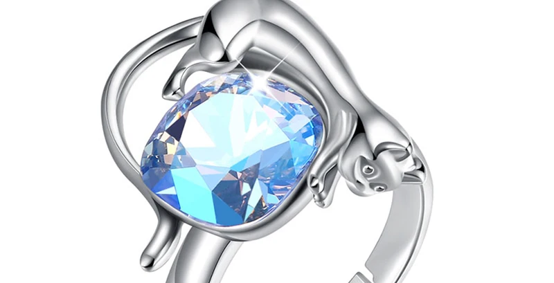 Милое кольцо с голубым кристаллом Swarovski для женщин, 925 пробы Серебряное кольцо, регулируемый размер, милые ювелирные изделия для свадебной вечеринки