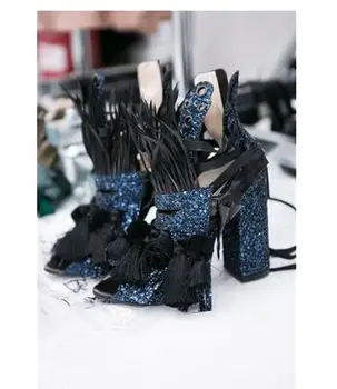 

Abesire Woman Bling Bling Sequined Cloth Lace-up Ankle Strap Sandals Boots Girls Square High Heels Dress Runway Shoes For Ladies