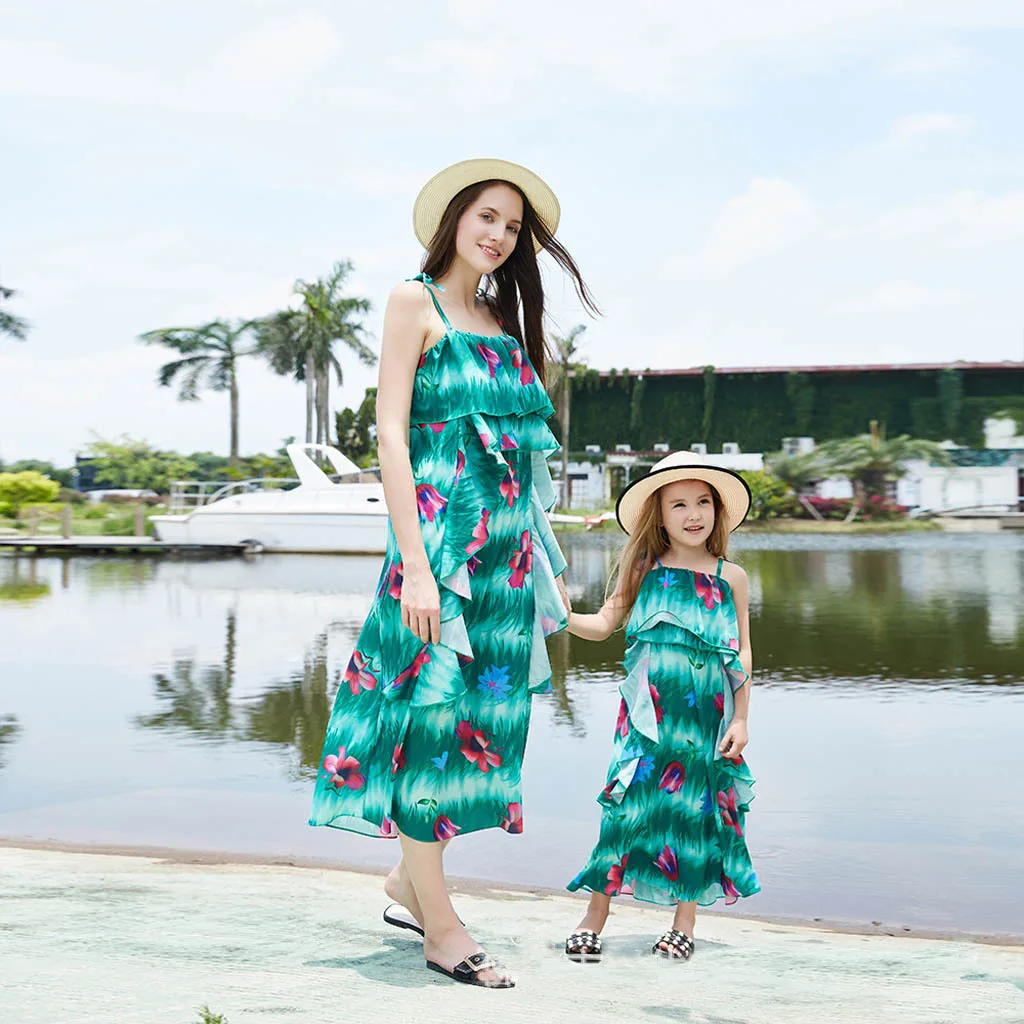 

ZOGAA 2019 Causal Sleeveless Parent-Child Dress Summer Green Print Floral Mother and Daughter Clothes
