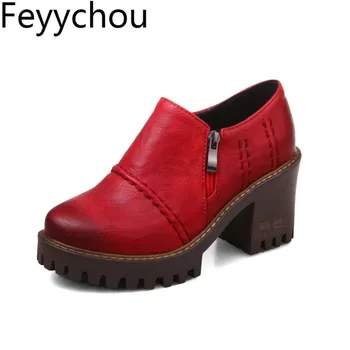 

Women Shoes2018 Spring Autumn Thick Heels Female Pumps Round Toe Platform Ladies Single Shoes Casual Woman Zipper Size34-43