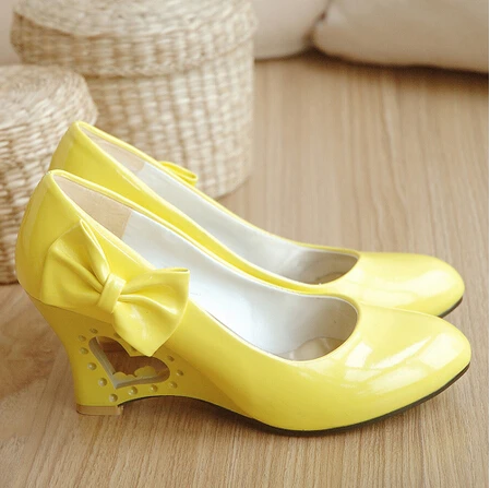

New Fashion Women Sweet High Heels Ladies Bowtie Wedding Shoes Women Pumps Bridal Shoes Pure Color Woman Round Toe Wedges 36