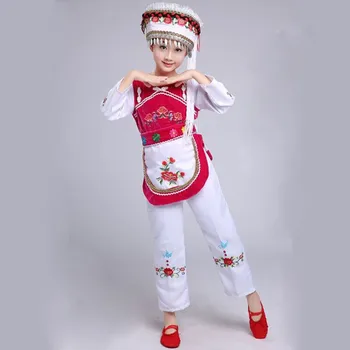

Chinese Folk Dance Costume Bai Dance Clothing Children Performing Service Girl National Dancewear with Headress and Apron