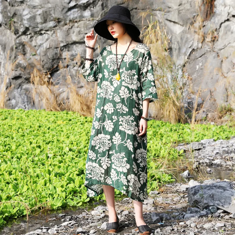 

Johnature Vintage Cotton Linen Dress For Women Print Floral Seven Sleeve O-Neck 2019 Summer New Loose 3 Color Women Casual Dress