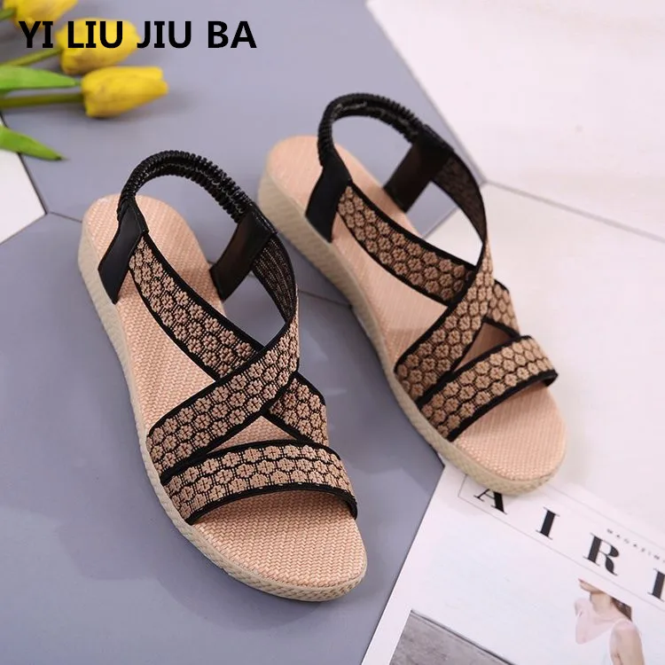 أحذية صناديل للنساء النساء 2019 الصيف شريط مرن زقزقة حذاء مزود بفتحة للأصابع الرومانية أسافين أحذية للنساء المصارع Sandalias موهير ** 751