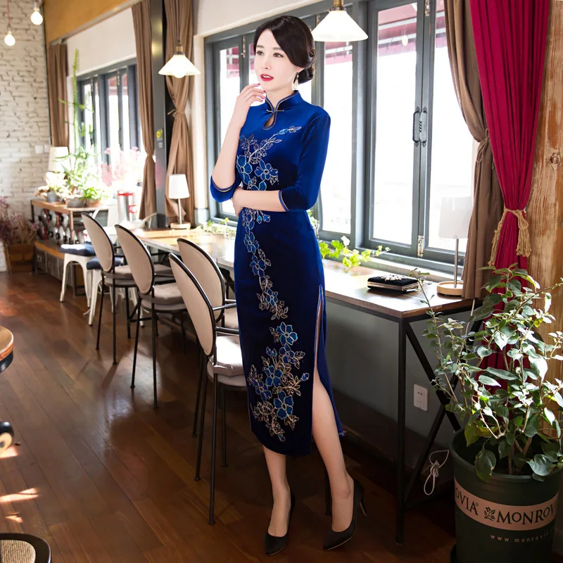 Blue Beautiful Mom Winter Cheongsam Chinese Traditional Dress Long Qipao Vestido Oriental Style
