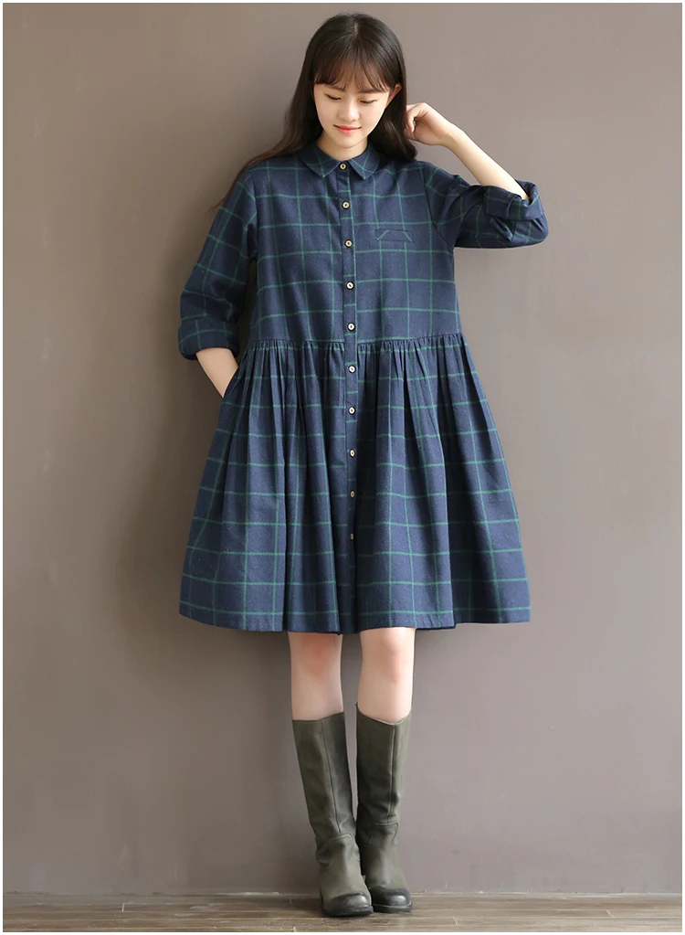 

2018 Spring Pregnant Women Shirt Dress Pocket Tartan Checks Turn Down Collar Button Down Women's Dresses Long Sleeve Big Hem