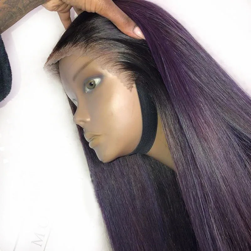 

180% 1B Purple Ombre 360 Human Hair Wig Long Straight Brazilian Remy 360 Lace Wigs Preplucked Hairline Wig